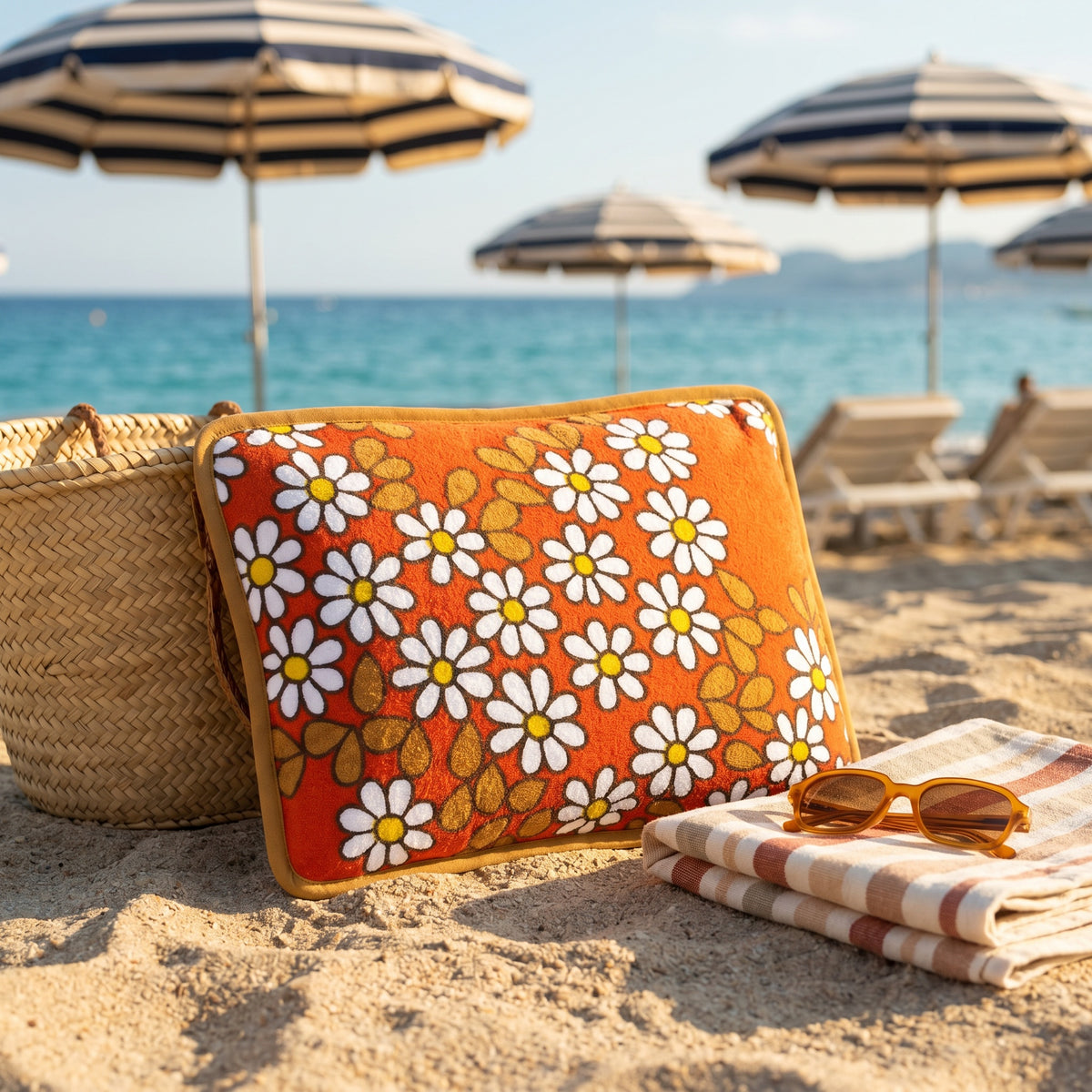 Coussin de plage vintage Daisy ’73 en tissu éponge fleuri orange des années 70, photographié sur la plage