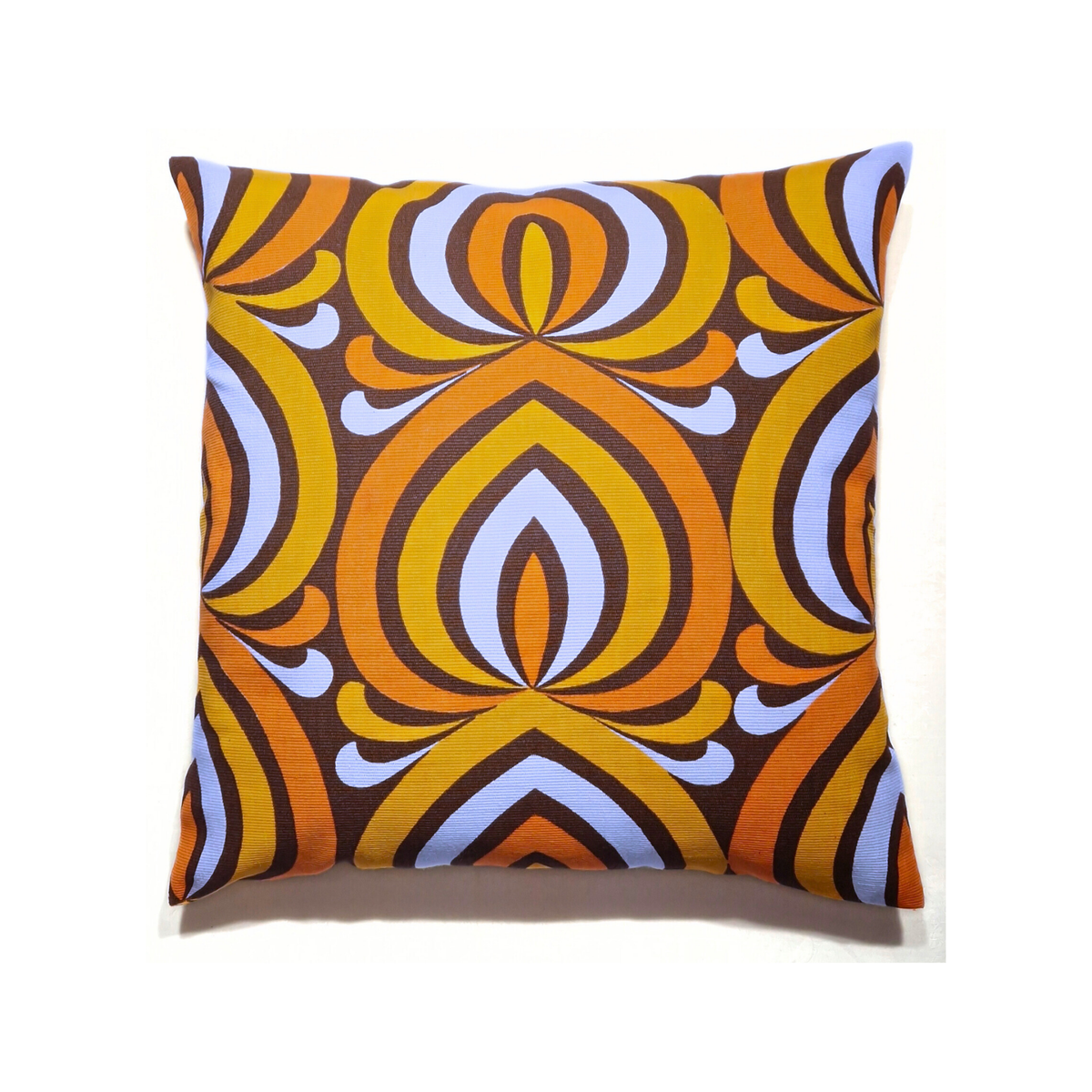Coussin d’intérieur vintage Amber Arch 40 × 40 cm en coton des années 70, motifs orange, jaune et marron