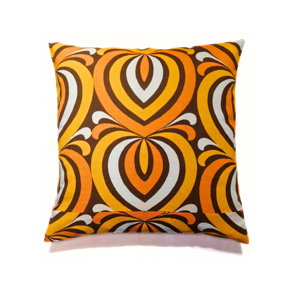Coussin d’intérieur vintage Amber Arch 40 × 40 cm en coton des années 70, motifs orange, jaune et marron de dos