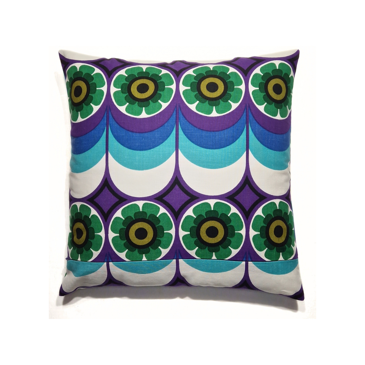 Dos du coussin d’intérieur vintage Cosmic Bloom 40 × 40 cm, tissu années 70 aux motifs géométriques turquoise, bleu, violet et vert.