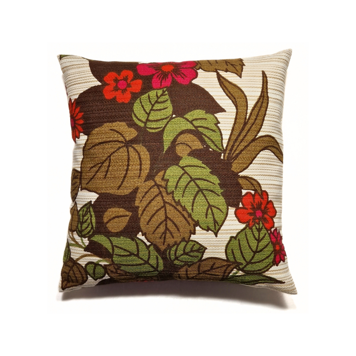 Coussin d’intérieur Dahlia 40 × 40 cm en authentique tissu vintage des années 70 à motifs floraux verts, bruns, rouge et rose