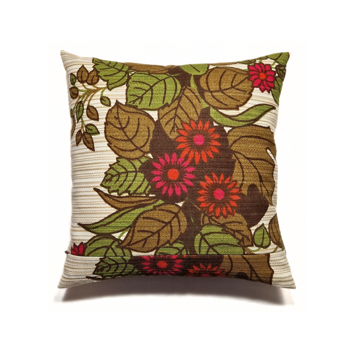 Dos du coussin Dahlia en tissu vintage fleuri des années 70 dans des tons vert olive, brun, rouge et rose