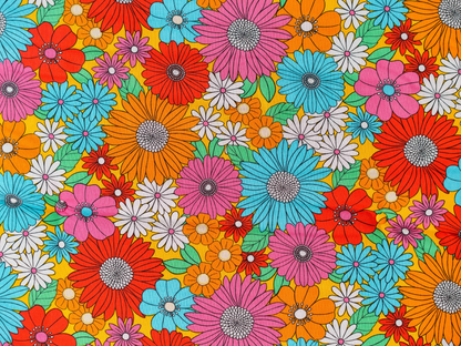 Vue rapprochée du motif floral multicolore du matelas de plage Bloom ’72, fleurs orange, roses, bleues et blanches sur fond jaune avec boutons recouverts