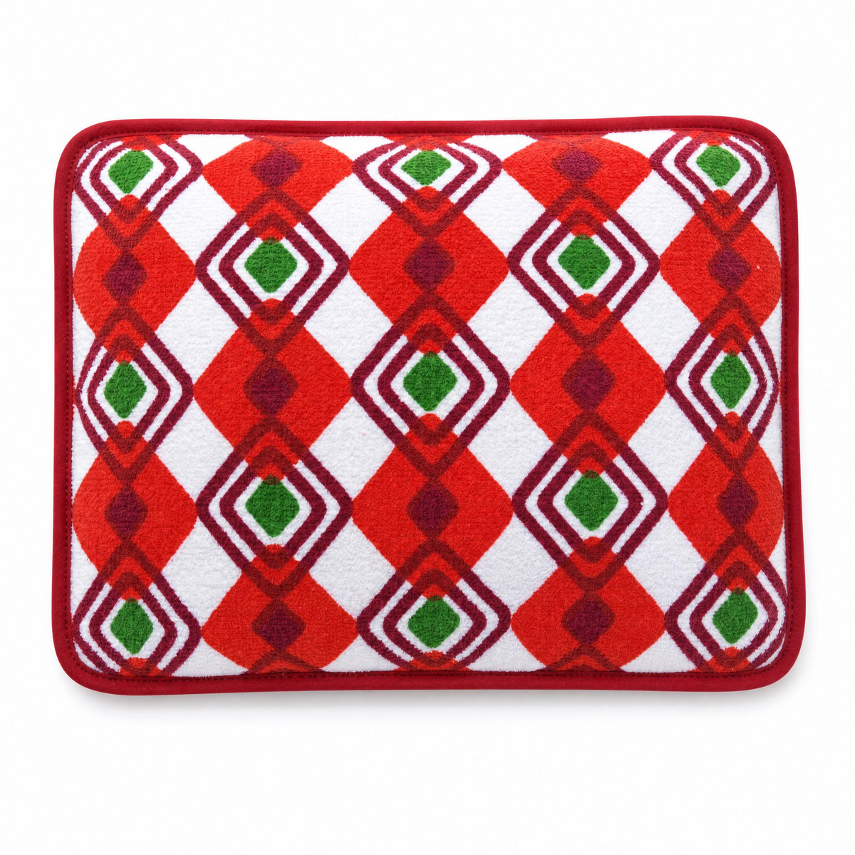 Coussin de plage vintage Ruby ’72 en tissu éponge rouge, orange, vert et blanc à motif géométrique des années 70 sur fond blanc
