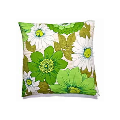 Coussin d’intérieur Eden Green 40 × 40 cm en authentique tissu vintage fleuri vert et blanc des années 70