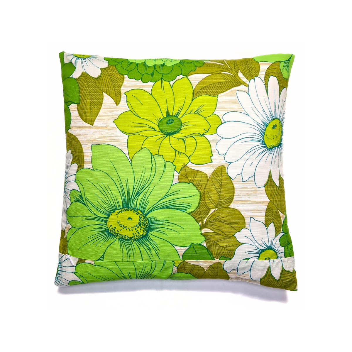 Dos du coussin d’intérieur Eden Green 40 × 40 cm en authentique tissu vintage fleuri vert et blanc des années 70