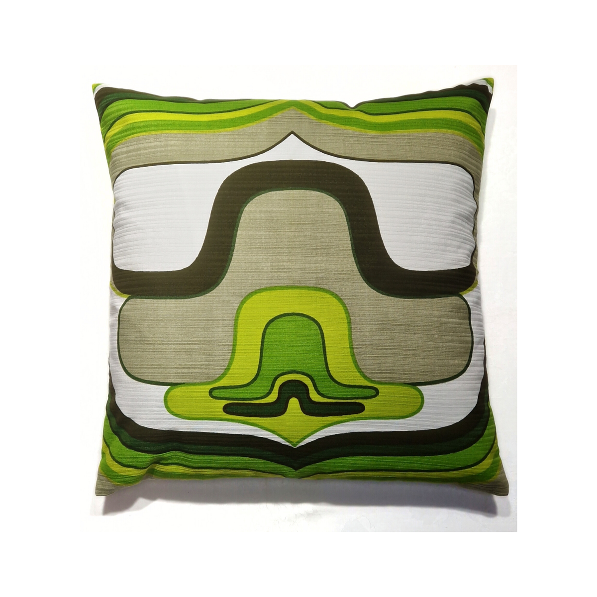 Coussin d’intérieur vintage Orbit Green 40 × 40 cm en coton des années 70, motif graphique vert, kaki et blanc