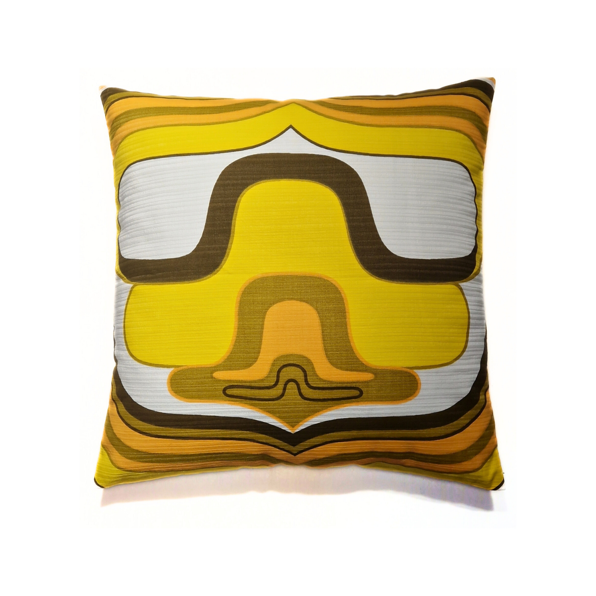 Coussin d’intérieur vintage Orbit Yellow 40 × 40 cm en coton des années 70, motif géométrique jaune, ocre, brun et blanc