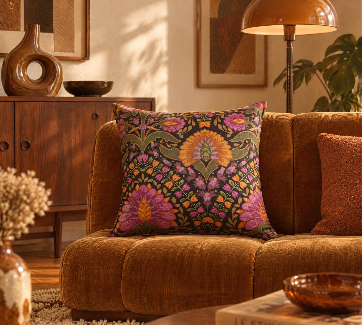 Coussin d’intérieur vintage Boho Folk 40 × 40 cm dans un salon d’inspiration années 70, motifs floraux fuchsia, orange et vert sur canapé en velours brun.