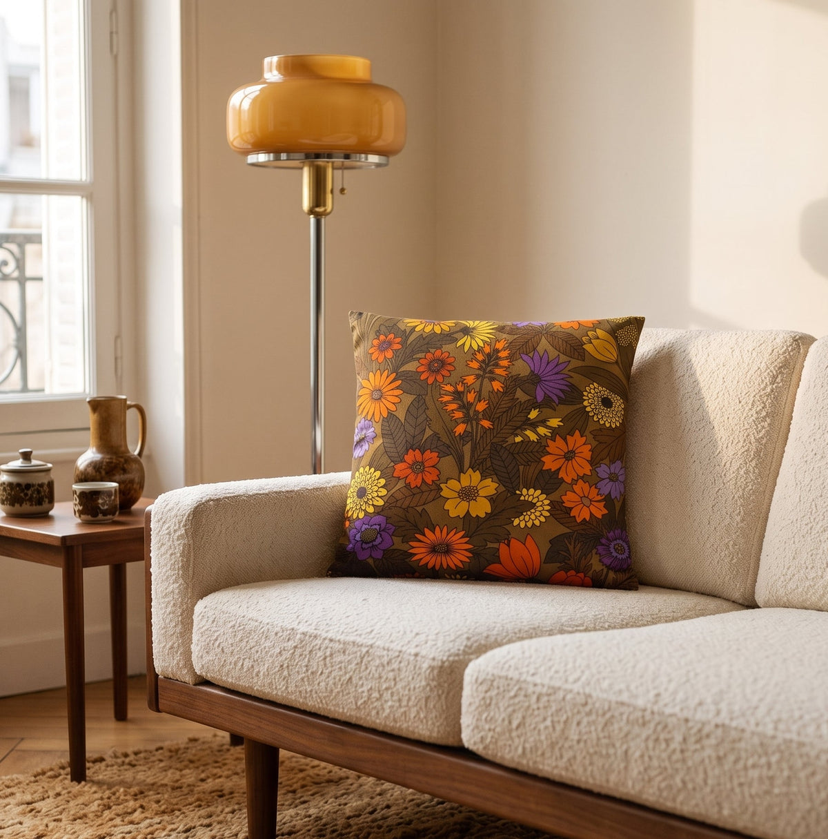 Coussin vintage Harvest Bloom sur canapé écru dans un intérieur d’inspiration années 70