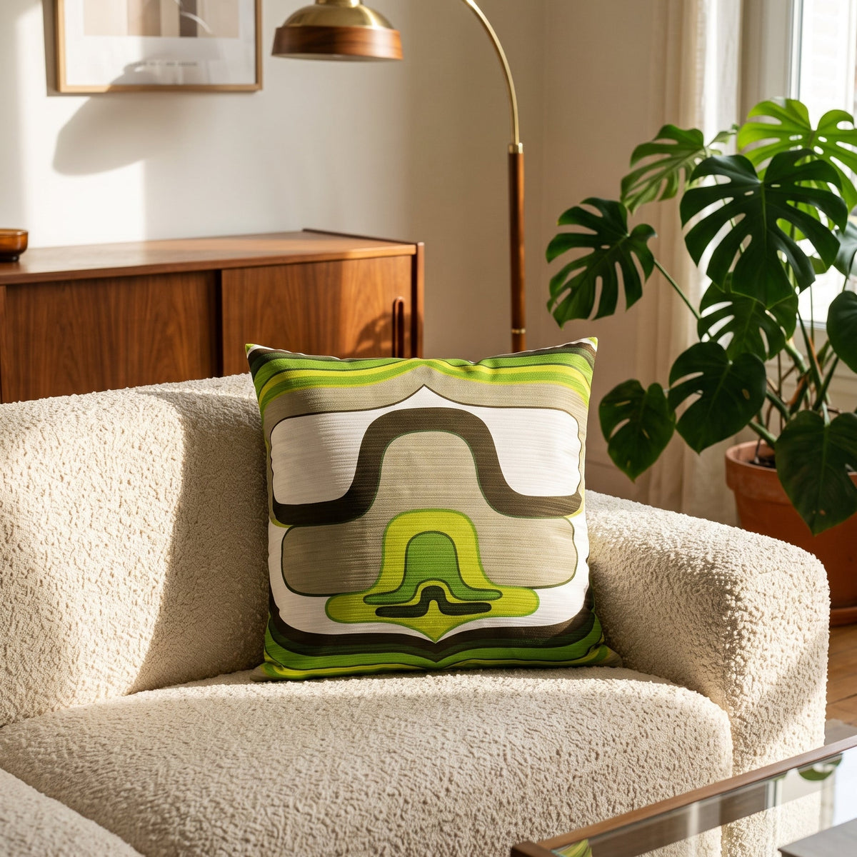 Coussin d’intérieur vintage Orbit Green 40 × 40 cm présenté sur un fauteuil dans un salon d’inspiration années 70