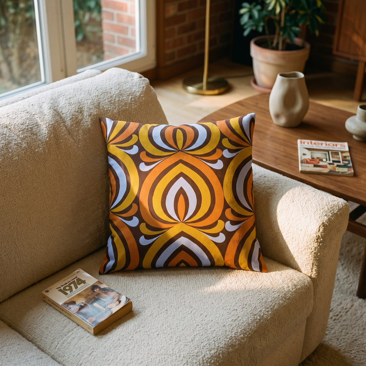 Coussin d’intérieur vintage Amber Arch 40 × 40 cm en coton des années 70, présenté dans un salon d’inspiration seventies