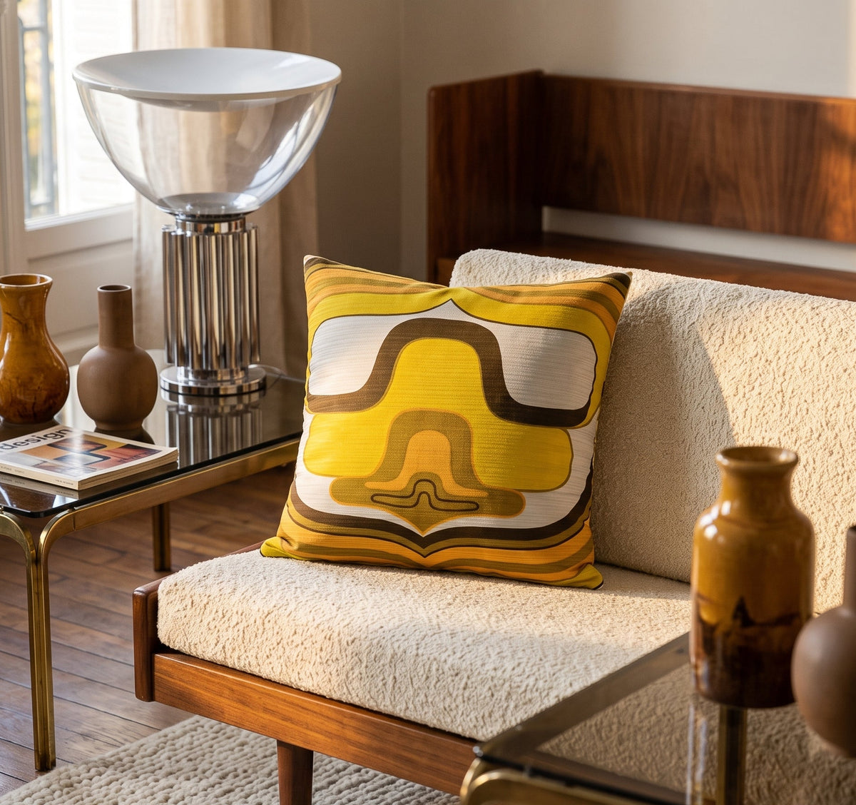 Coussin d’intérieur vintage Orbit Yellow 40 × 40 cm dans un salon d’inspiration années 70 aux tons bois et crème