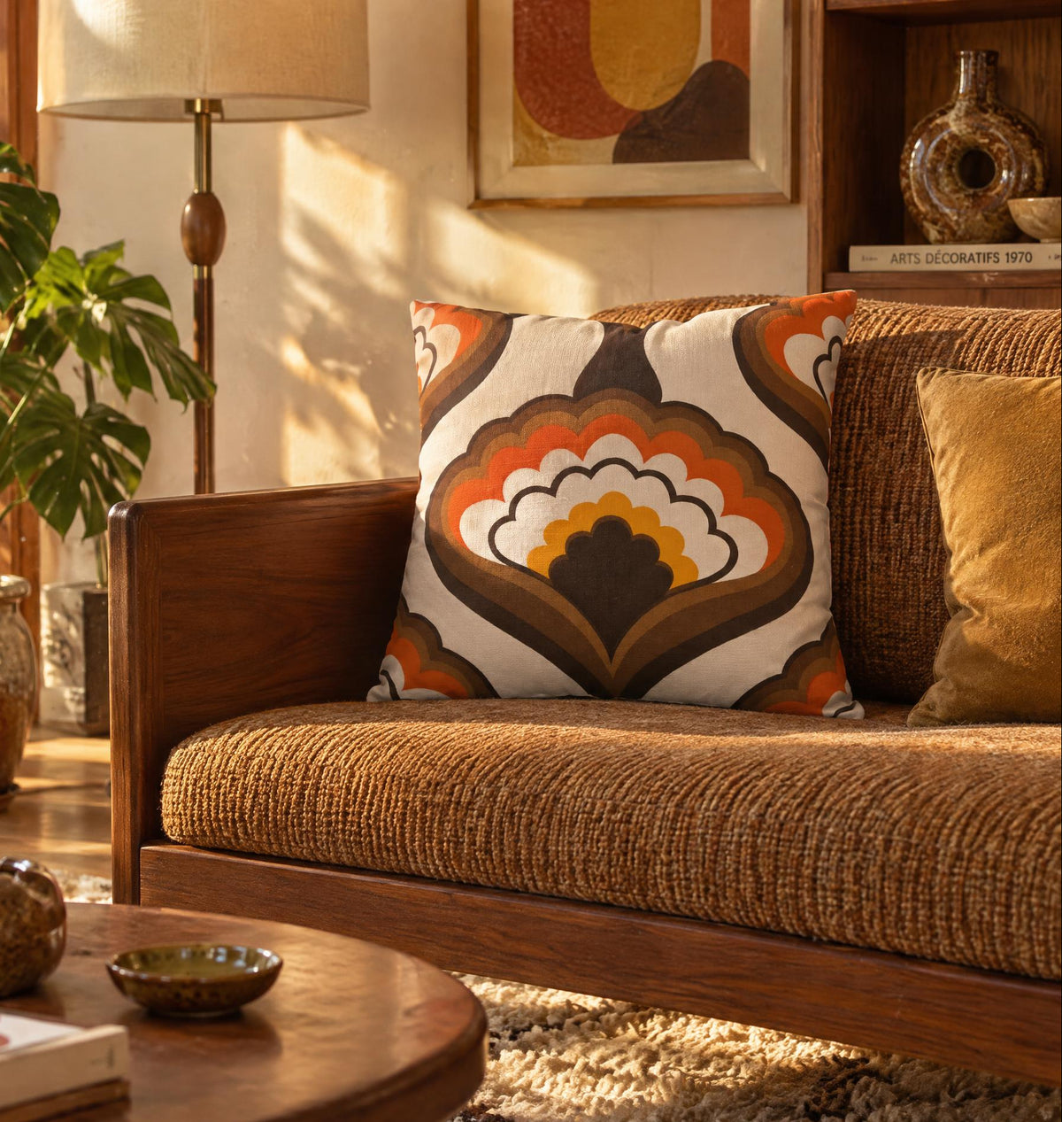 Coussin vintage années 70 Amber Wave Honey Bop dans un salon rétro aux tons bruns et orangés