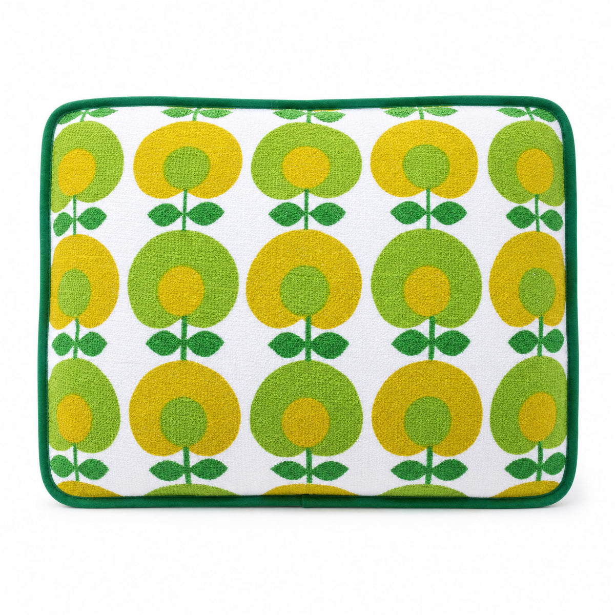 Coussin de plage vintage Oliva ’71 en tissu éponge vert, jaune et blanc à motif floral des années 70 sur fond blanc